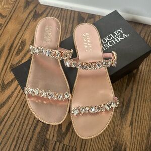 Like New, Jeweled Flat Rose Gold Crystal Strap Sandals